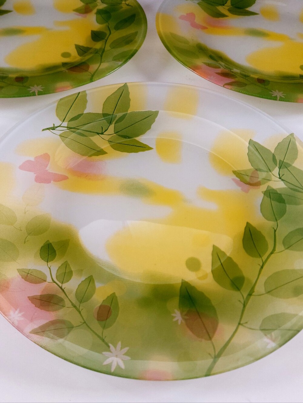 Pasabahce Faralya Glass Dinner Plates Set of 3 Butterfly Green Leaf 10"